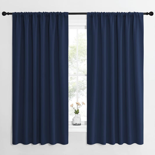 NICETOWN Blackout Curtains for Bedroom, Blackout Draperies, Home Decorations Thermal Insulated Solid Rod Pocket Blackout Drapes for Cafe (Navy, One Pair, 62 x 63-inch)