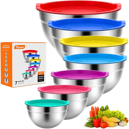 TINANA Mixing Bowls with Lids: 7PCS Stainless Steel Mixing Bowls Set, Metal Nesting Mixing Bowls for Kitchen, Size 7, 4.5, 3, 2, 1.5, 1, 0.7 QT, Great for Prep, Baking, Serving, Multi-Color