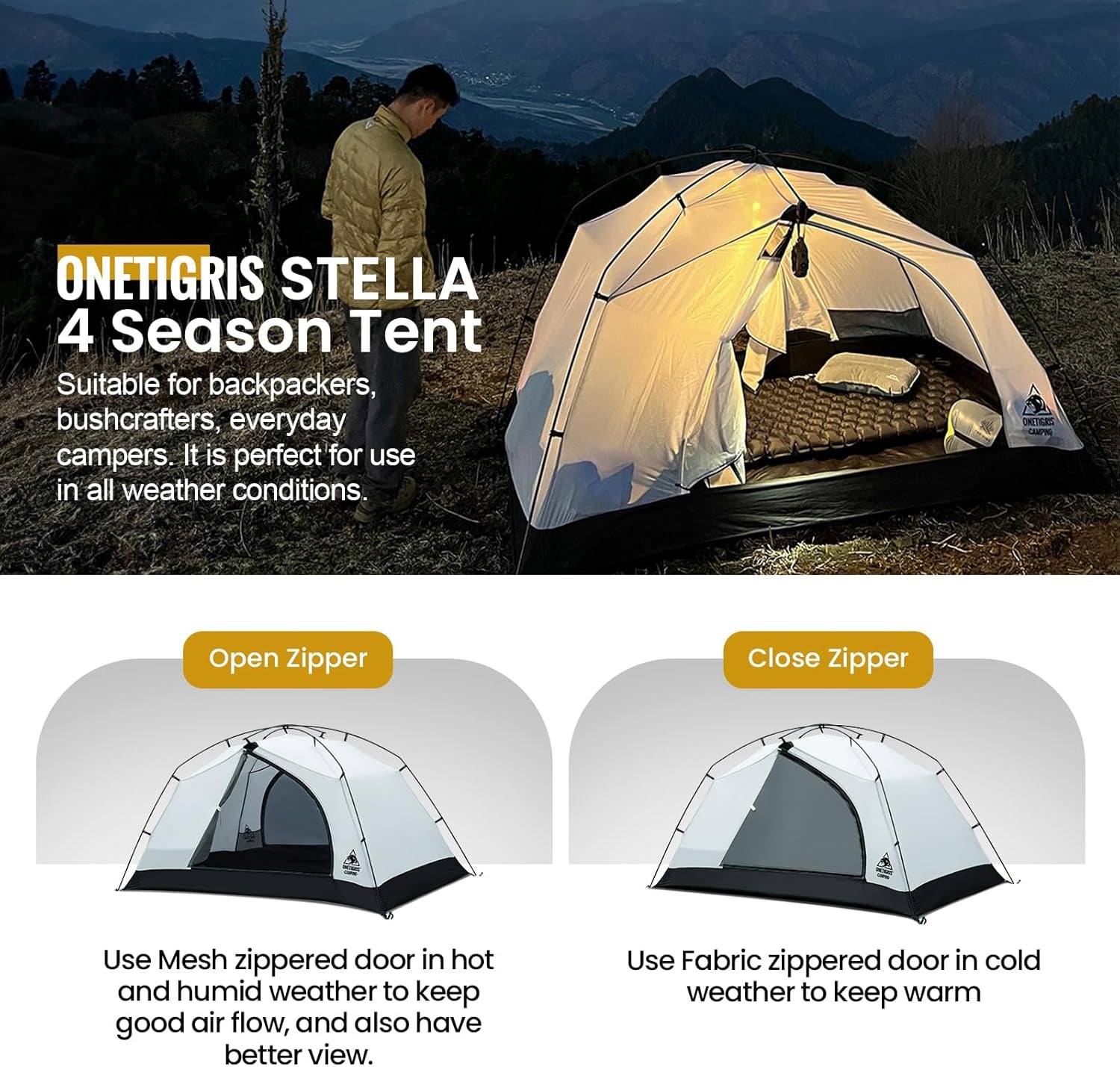 OneTigris Stella 4 Season Camping Tent Backpacking 2 Person Waterproof Lightweight Easy Setup Instant 3000mm Waterproof Rating Outdoor Hiking Tent