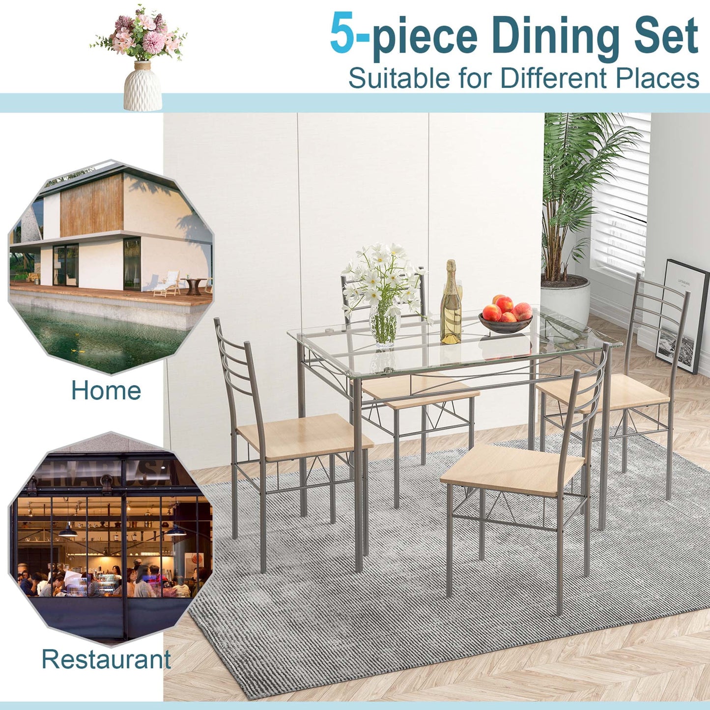 Costway 5 Piece Dining Set Table and 4 Chairs Glass Top Kitchen Breakfast Furniture Brown