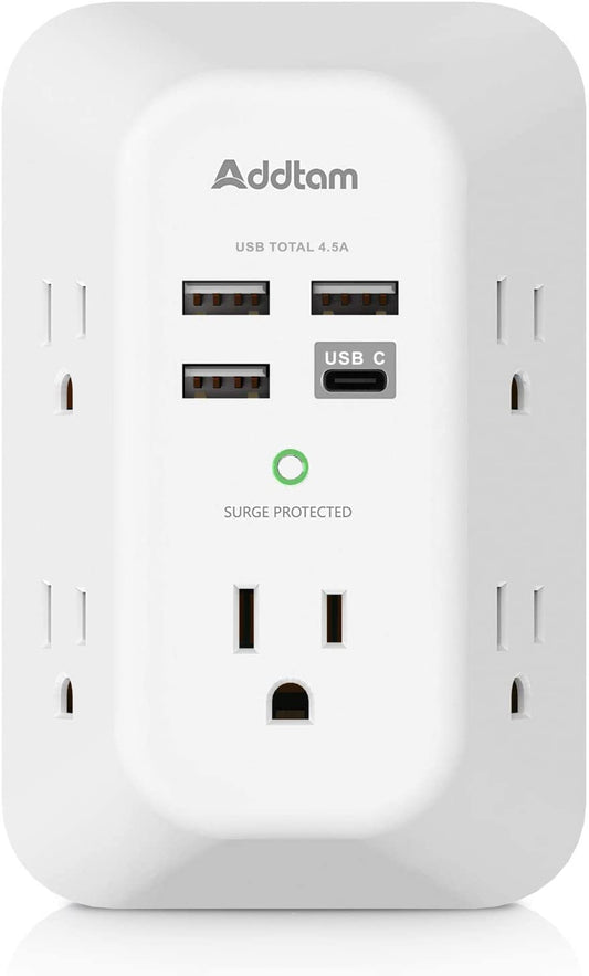 Addtam USB Wall Charger Surge Protector 5 Outlet Extender with 4 USB Charging Ports (1 USB C Outlet) 3 Sided 1800J Power Strip Multi Plug Outlets Wall Adapter Spaced for Home Travel Office ETL Listed