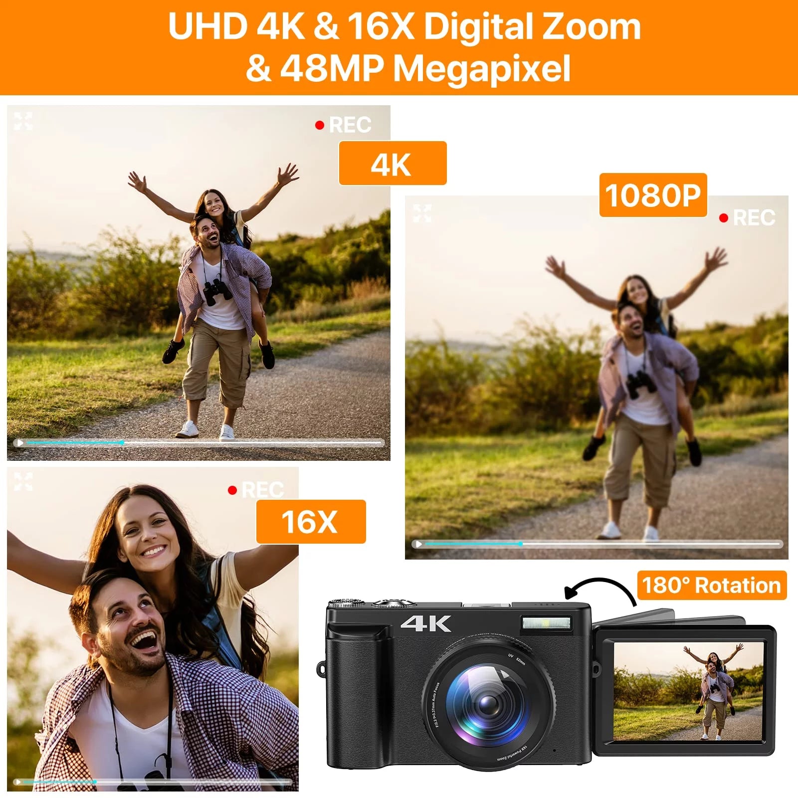 Vlogging Camera 4K Digital Camera for Youtube Autofocus with 32GB SD Card,180°Flip Screen 16X Digital Zoom 48MP Video Cameras Camcorder for Photography