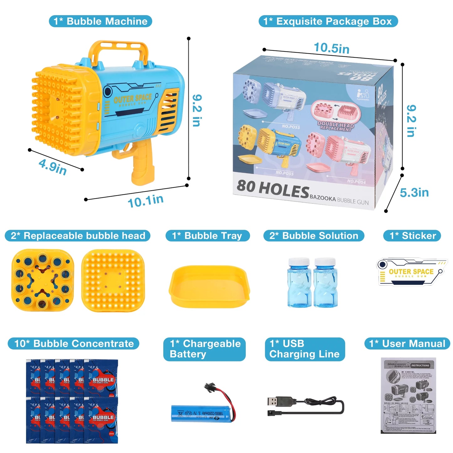 Wisairt Bubble Machine,80 Holes Bubble Blowing Toys with Replaceable Nozzles,2 Bubble Solution and Colorful Lights,Bubble Toys Outdoor Birthday Wedding Party(Blue & Yellow)