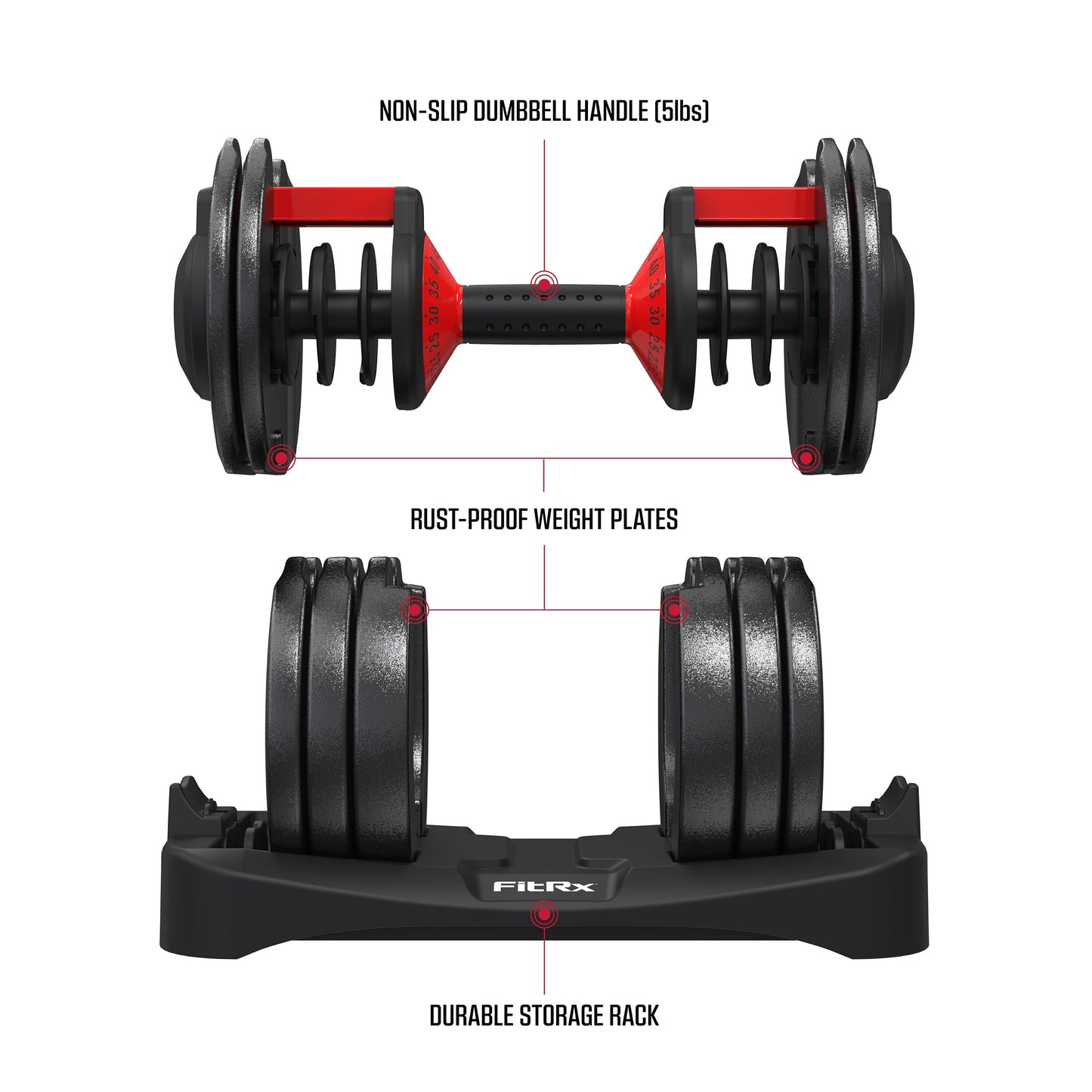 FitRx SmartBell, Quick-Select Adjustable Dumbbell for Home Gym, 5-52.5 lbs. Weight, Black, Single