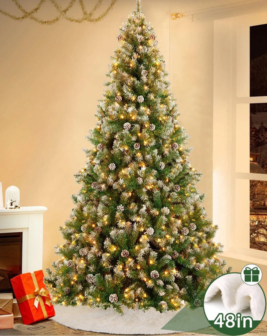 Yexmas 6ft Pre-Lit Realistic Artificial Christmas Trees,Green Christmas Trees with 1200 Flocked Frosted Tips & 80 Pine Cones,LED Lights Christmas Trees with 48 Inch Christmas Tree Skirt White