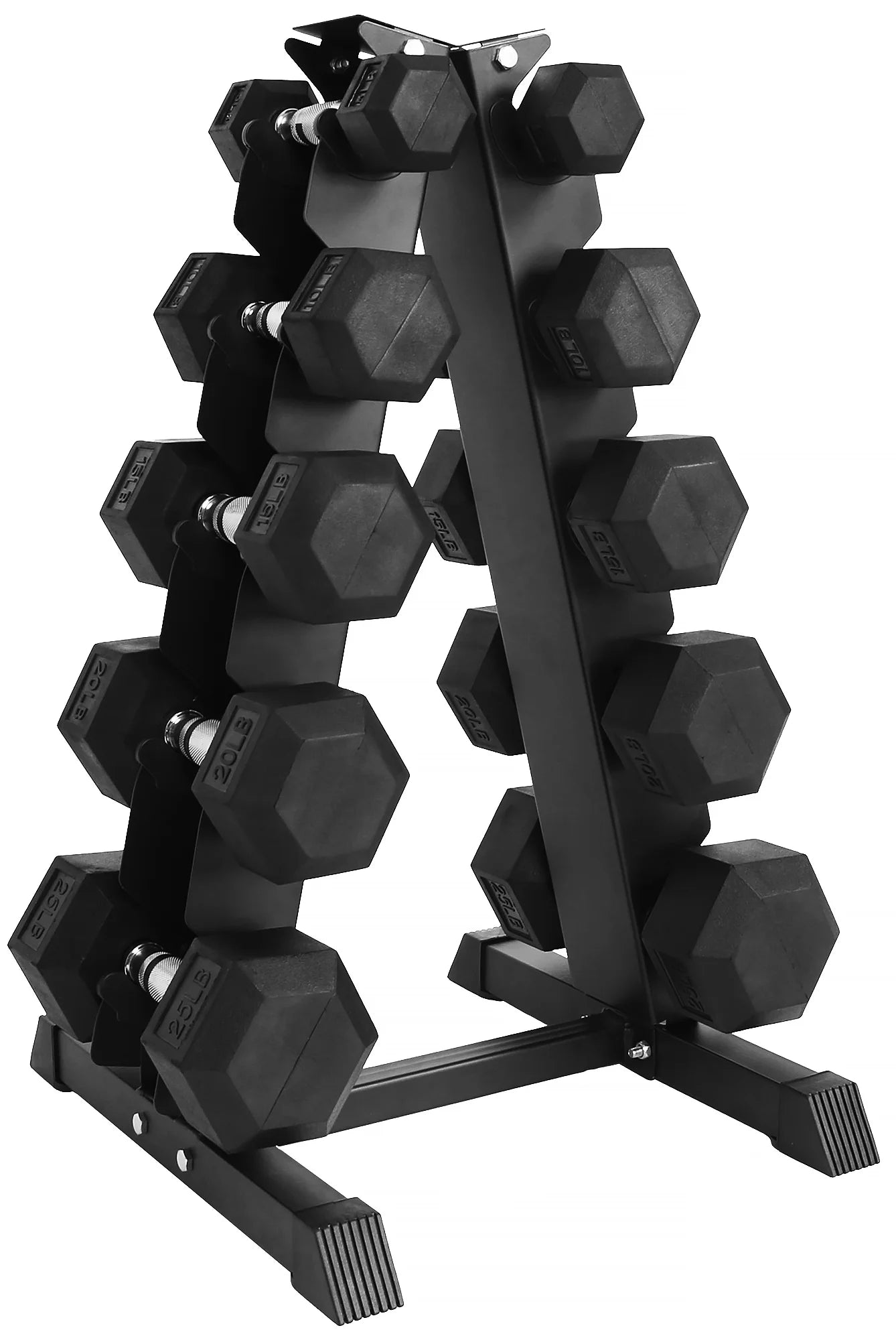 BalanceFrom 150LB Rubber Coated Hex Dumbbell Weight Set with A-Frame Rack, 5-25 lbs Pairs