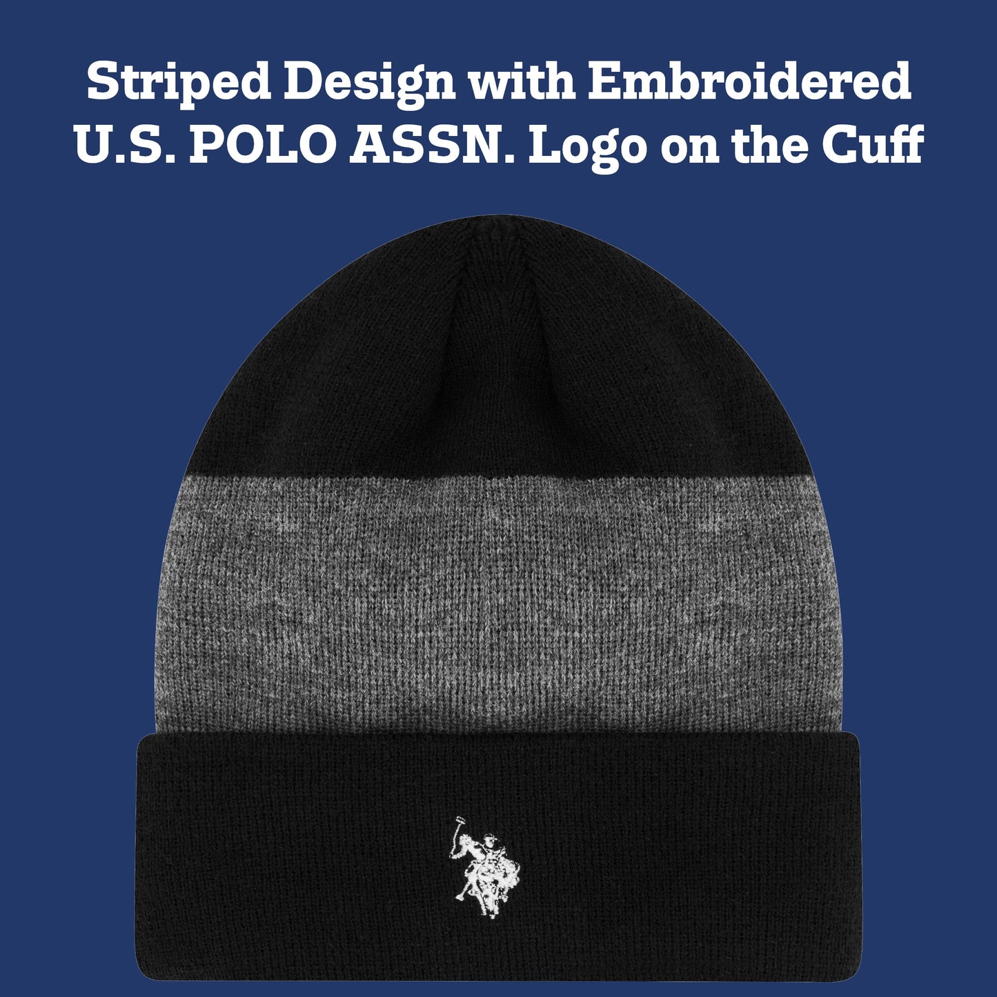 U.S. Polo Assn. Men's Knit Cuffed Wide Stripe Beanie and Glove Set