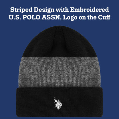 U.S. Polo Assn. Men's Knit Cuffed Wide Stripe Beanie and Glove Set