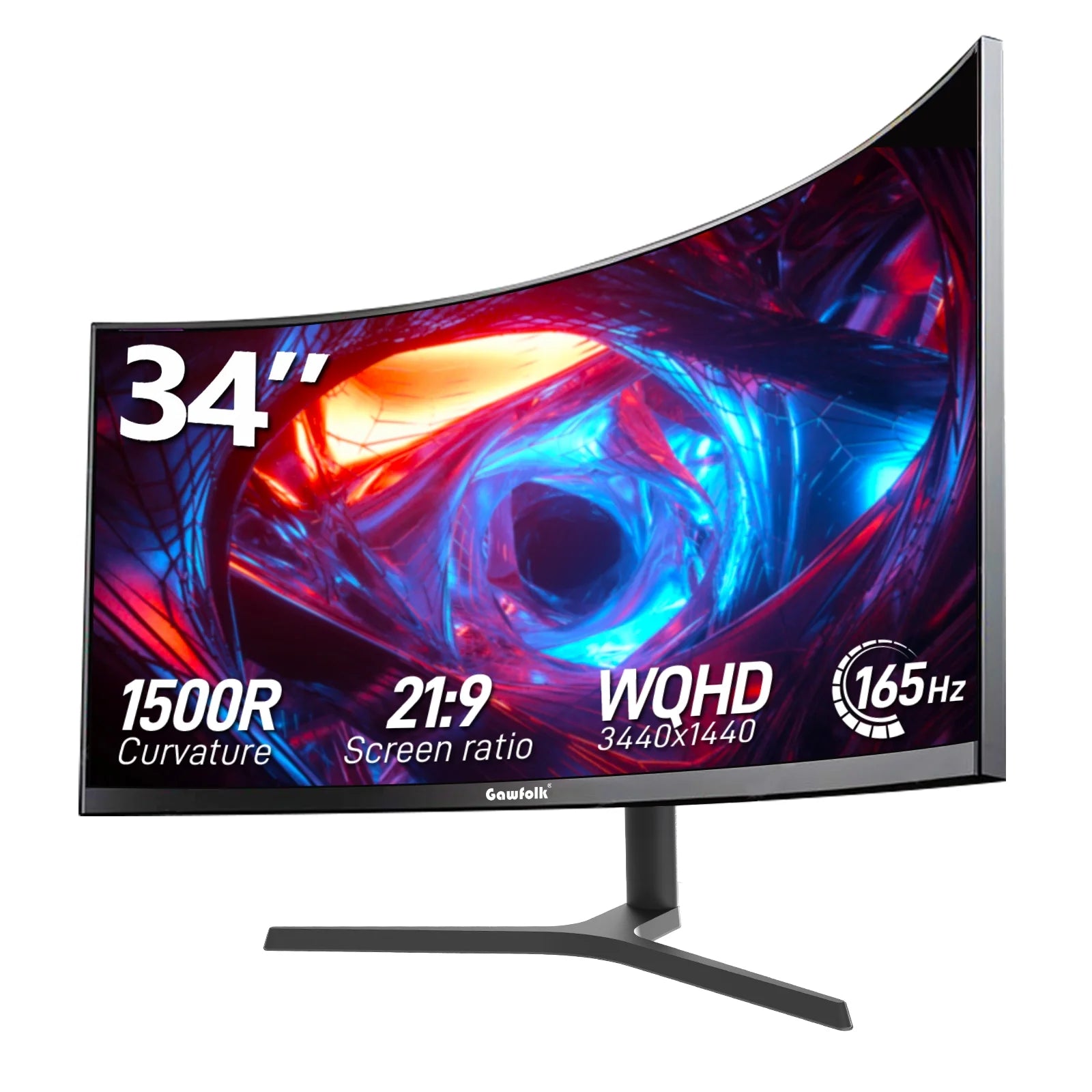 Gawfolk 34-Inch Curved Ultrawide Gaming Monitor 165Hz 1500R WQHD 3440x1440 FreeSync Adjustable Stand