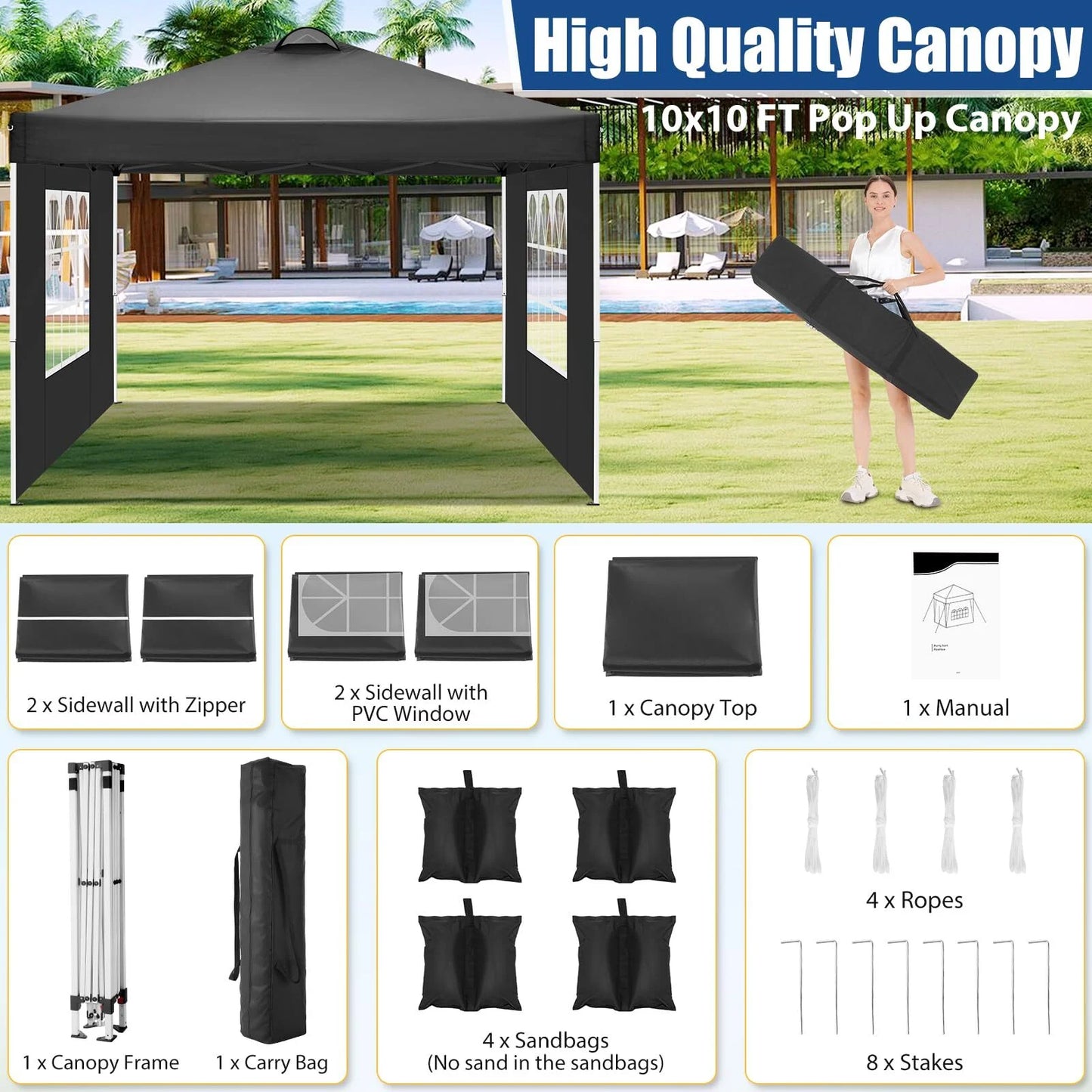 HOTEEL Canopy 10x10 Waterproof Pop up Canopy Tent with 4 Sidewalls Outdoor Event Shelter Tent for Parties Sun Shade Party Commercial Canopy with Air Vent & Carry Bag, Black