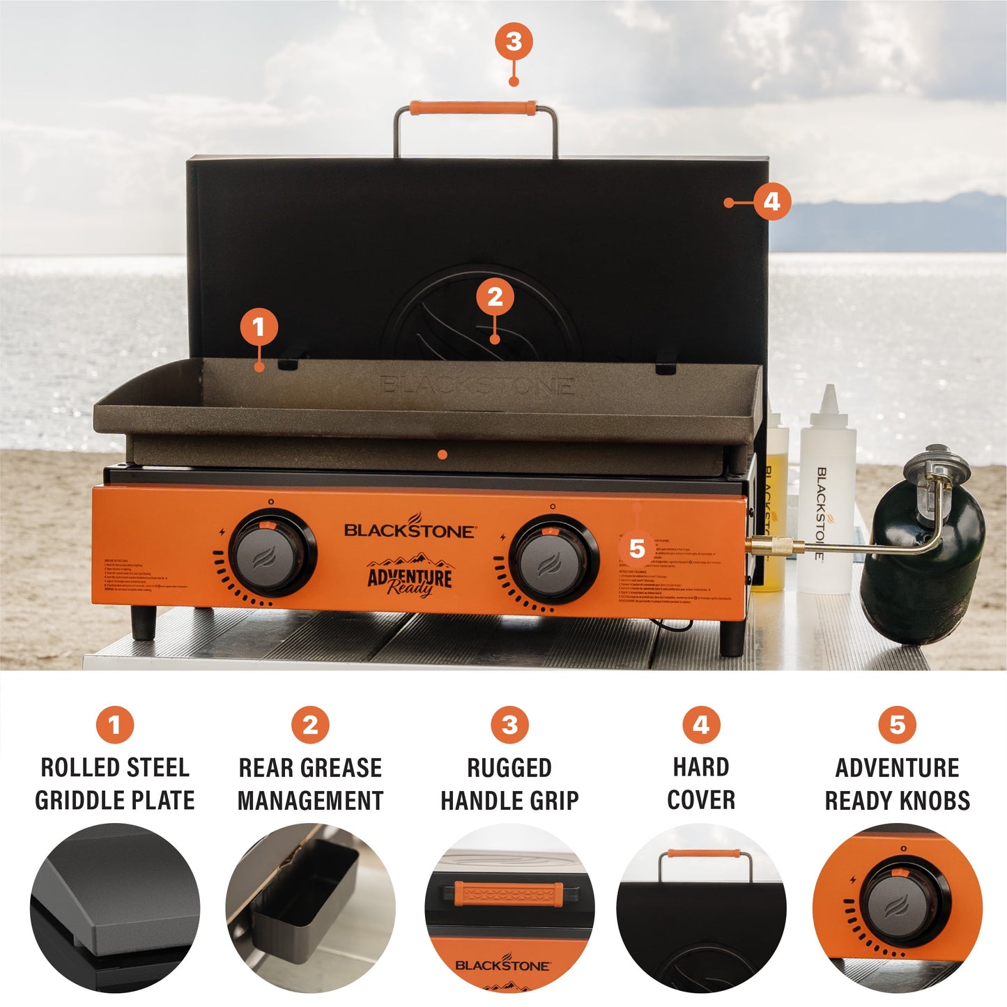 Blackstone Adventure Ready 2-Burner 22" Propane Griddle with Hard Cover in Orange