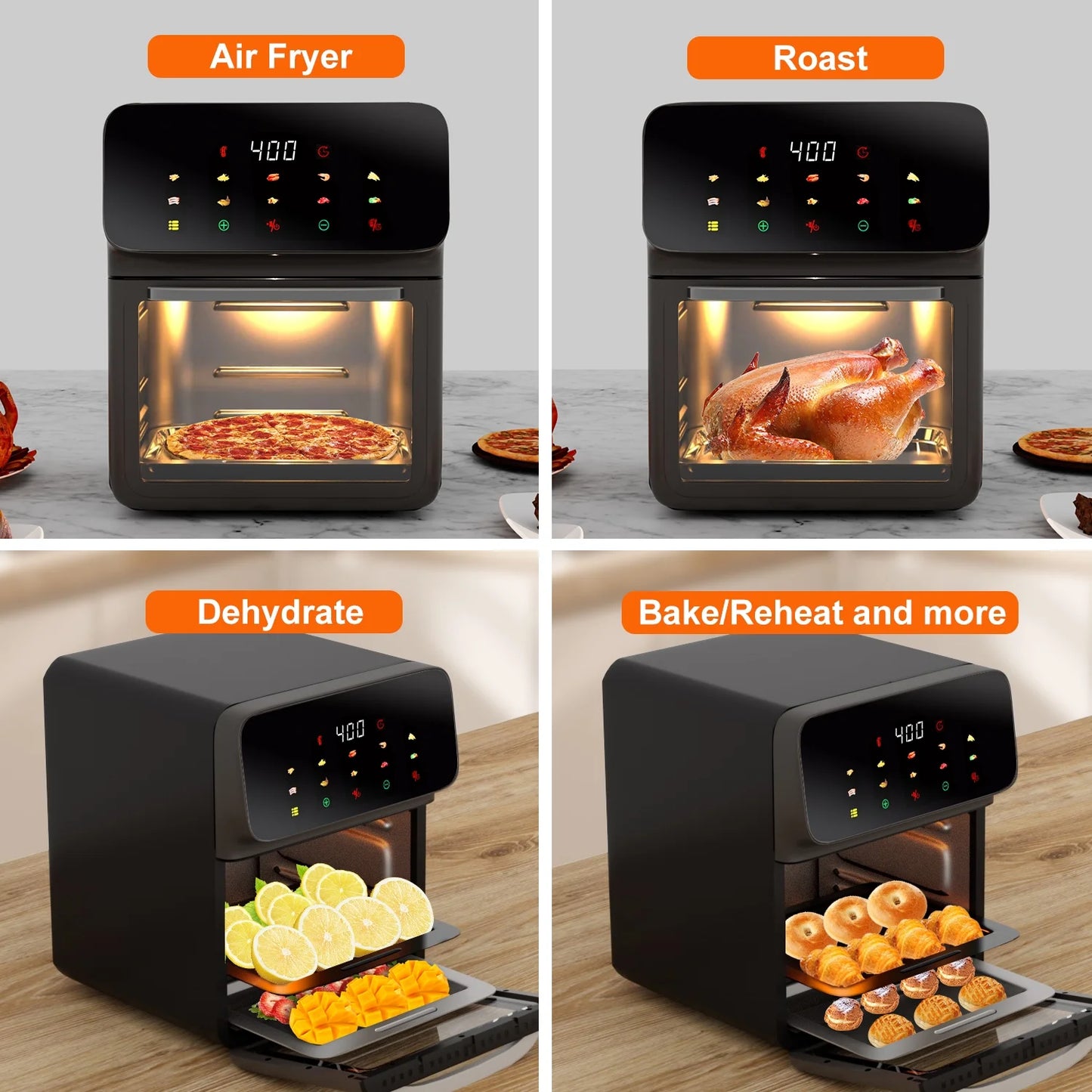 Bluebow Air Fryer 12QT Convection Oven with 10-in-1 Multi Function, Visible Window and Touchscreen, Black