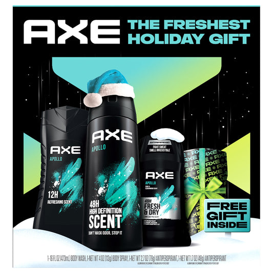 Axe Men's Gift Set Body Wash Deodorant Spray Antiperspirant Deodorant Stick Apollo Sage Cedarwood, 4 Count