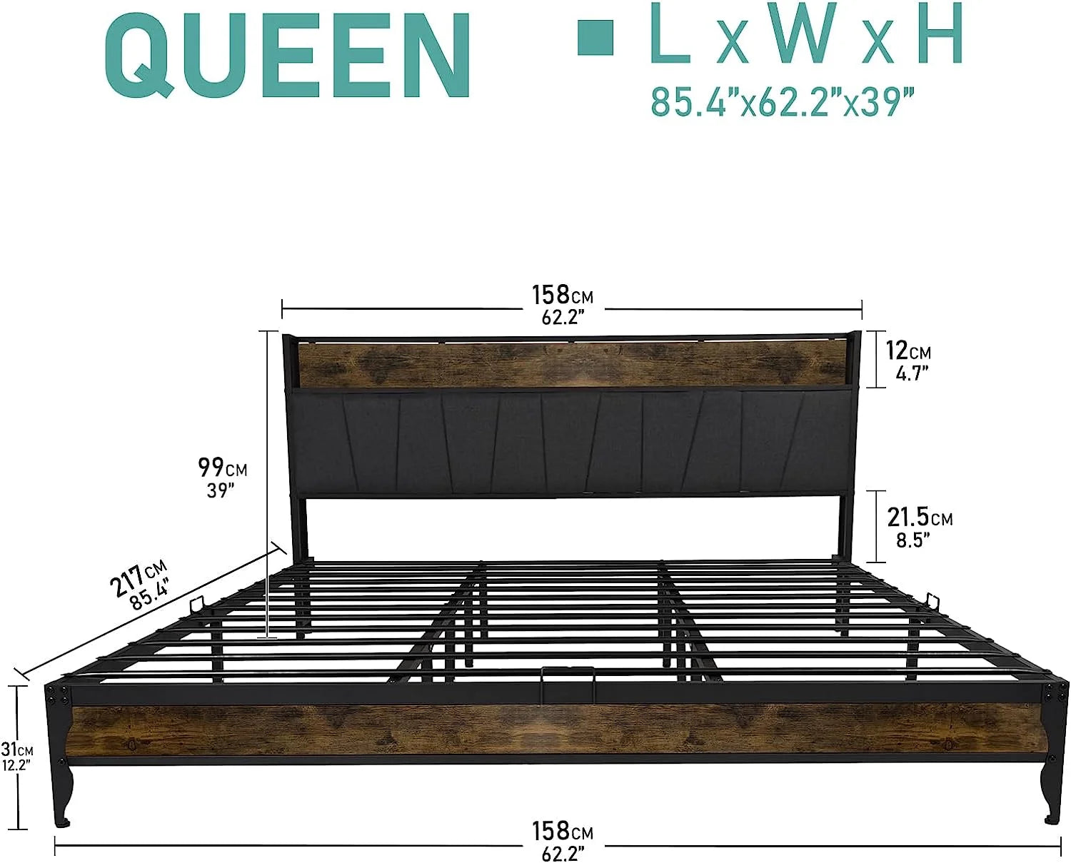 Queen Bed Frame with LED Light, Power Outlets & USB Charging Port, Upholstered Headboard with Storage, Metal Platform Bed