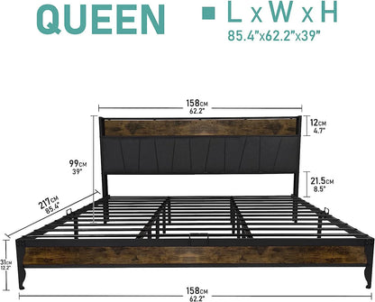 Queen Bed Frame with LED Light, Power Outlets & USB Charging Port, Upholstered Headboard with Storage, Metal Platform Bed