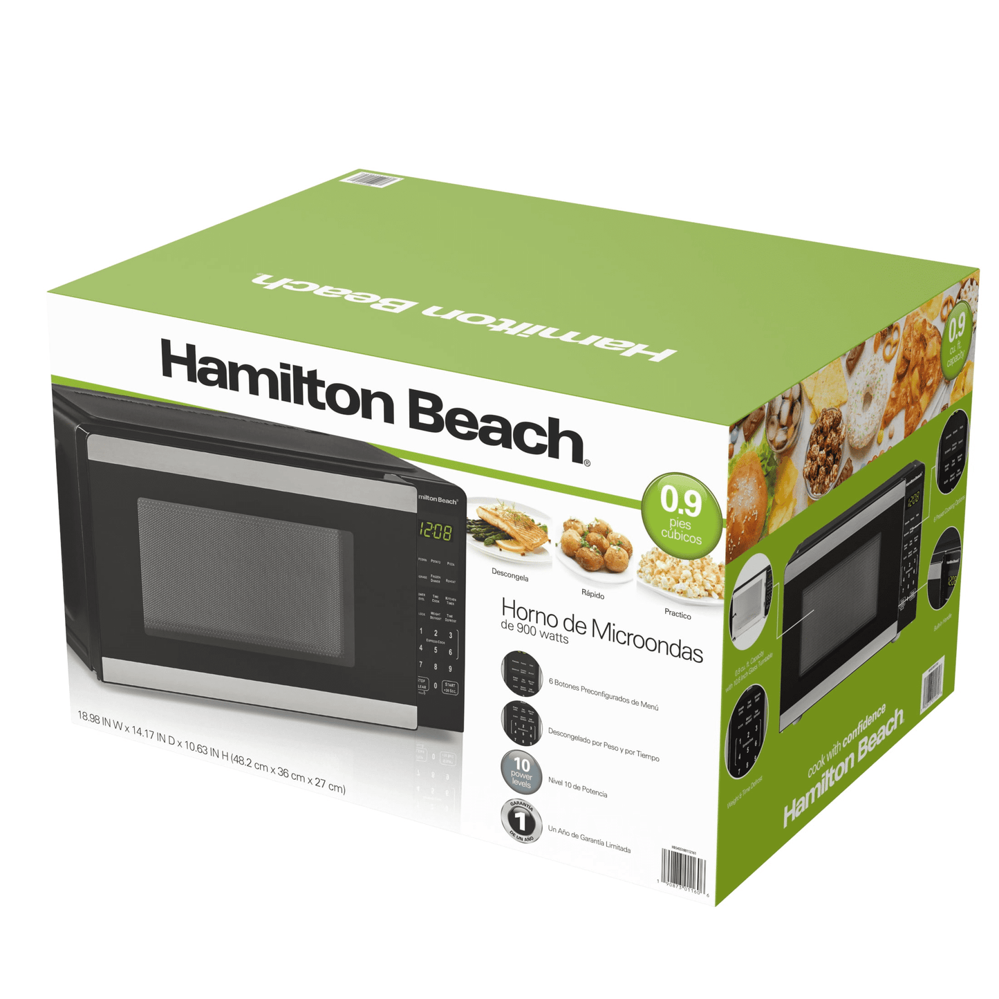 Hamilton Beach 0.9 Cu ft Countertop Microwave Oven, 900 Watts, Stainless Steel, New