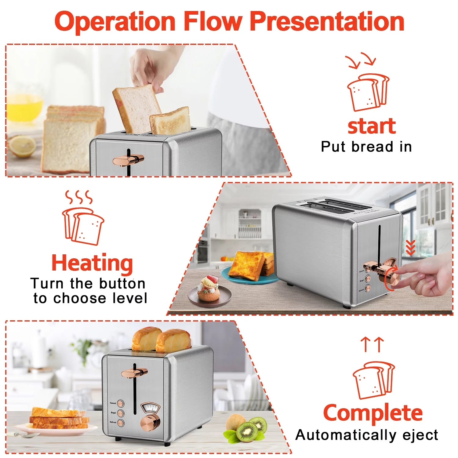 WHALL 2 Slice Toaster - Stainless Steel Toaster with Wide Slot, 6 Shade Settings, Bagel Function, Removable Crumb Tray