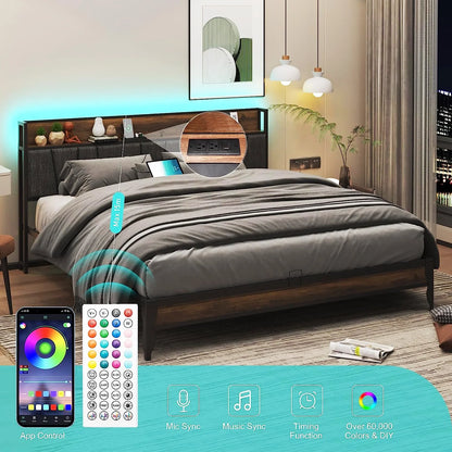 Queen Bed Frame with LED Light, Power Outlets & USB Charging Port, Upholstered Headboard with Storage, Metal Platform Bed