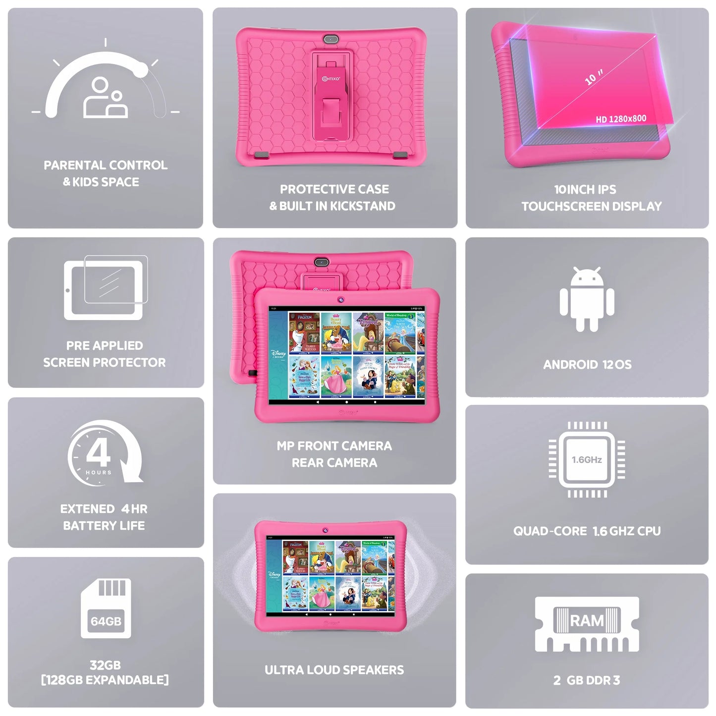 Contixo 10" Kids Tablet Bundle, 80 FREE Disney eBooks, Bluetooth Headphones, Case, Stylus, 32GB, Parental Controls, Tablet for kids 3-7 - Pink