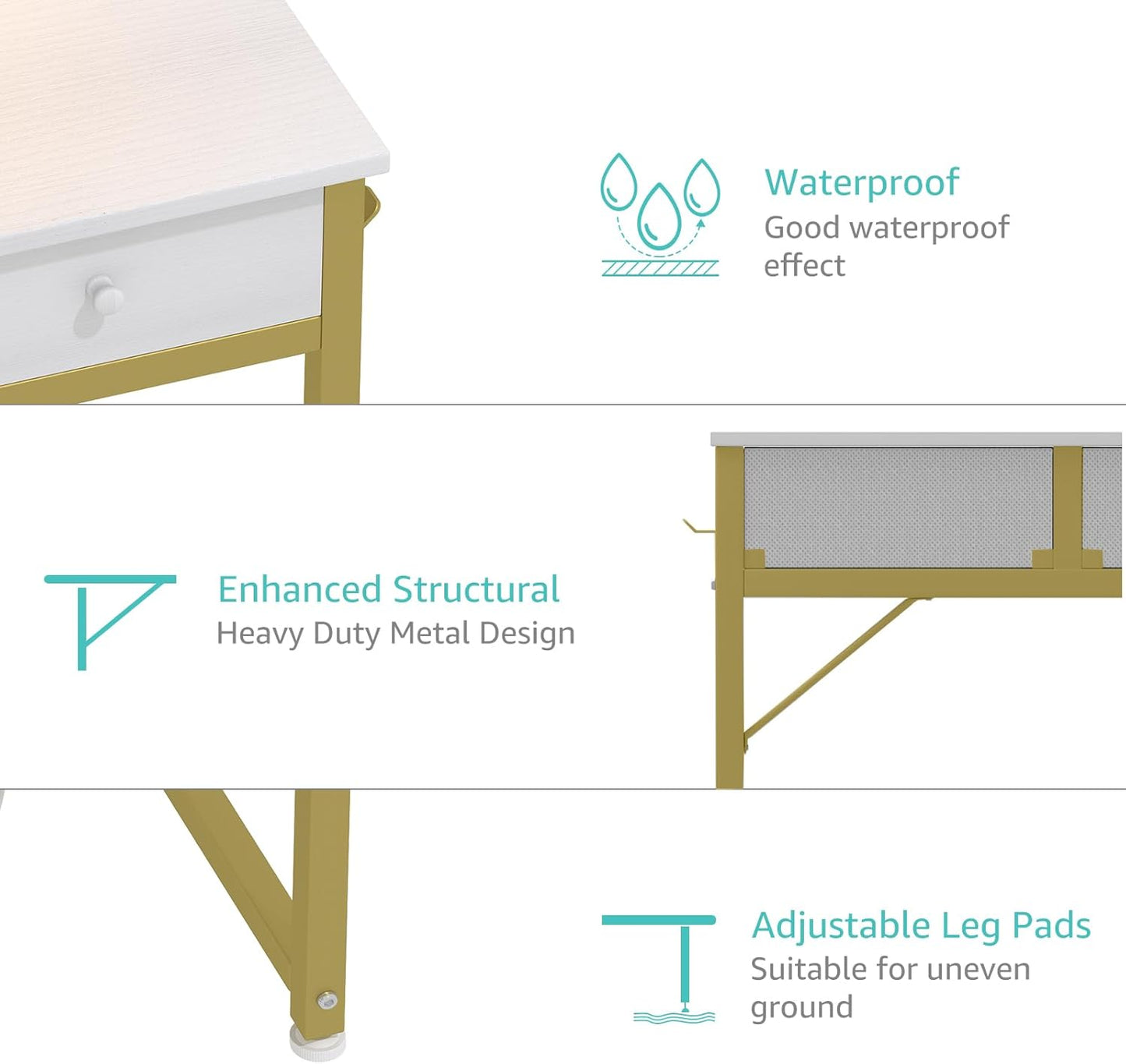 Lufeiya White Makeup Vanity Desk with Mirror and Lights, 40 inch Make Up Vanity Desks with Fabric Drawers & Charging Station, Dressing Table and Chair Set for Bedroom Girls, White Gold