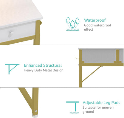 Lufeiya White Makeup Vanity Desk with Mirror and Lights, 40 inch Make Up Vanity Desks with Fabric Drawers & Charging Station, Dressing Table and Chair Set for Bedroom Girls, White Gold