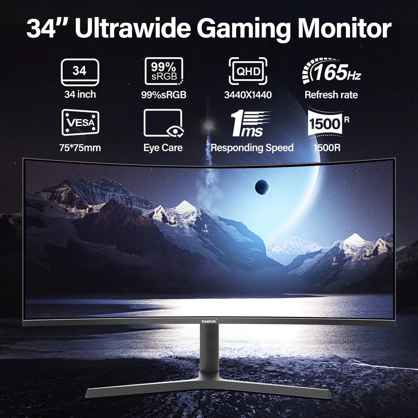 Gawfolk 34-Inch Curved Ultrawide Gaming Monitor 165Hz 1500R WQHD 3440x1440 FreeSync Adjustable Stand