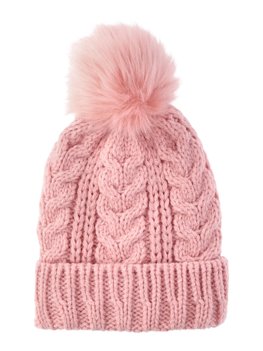 Time and Tru Women's Pom Cable Knit Winter Beanie, Dusty Rose