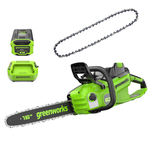 Greenworks 60V 16" 1.5kW Brushless Chainsaw with 2.5 Ah Battery & 3 Amp Charger + Bonus Chain