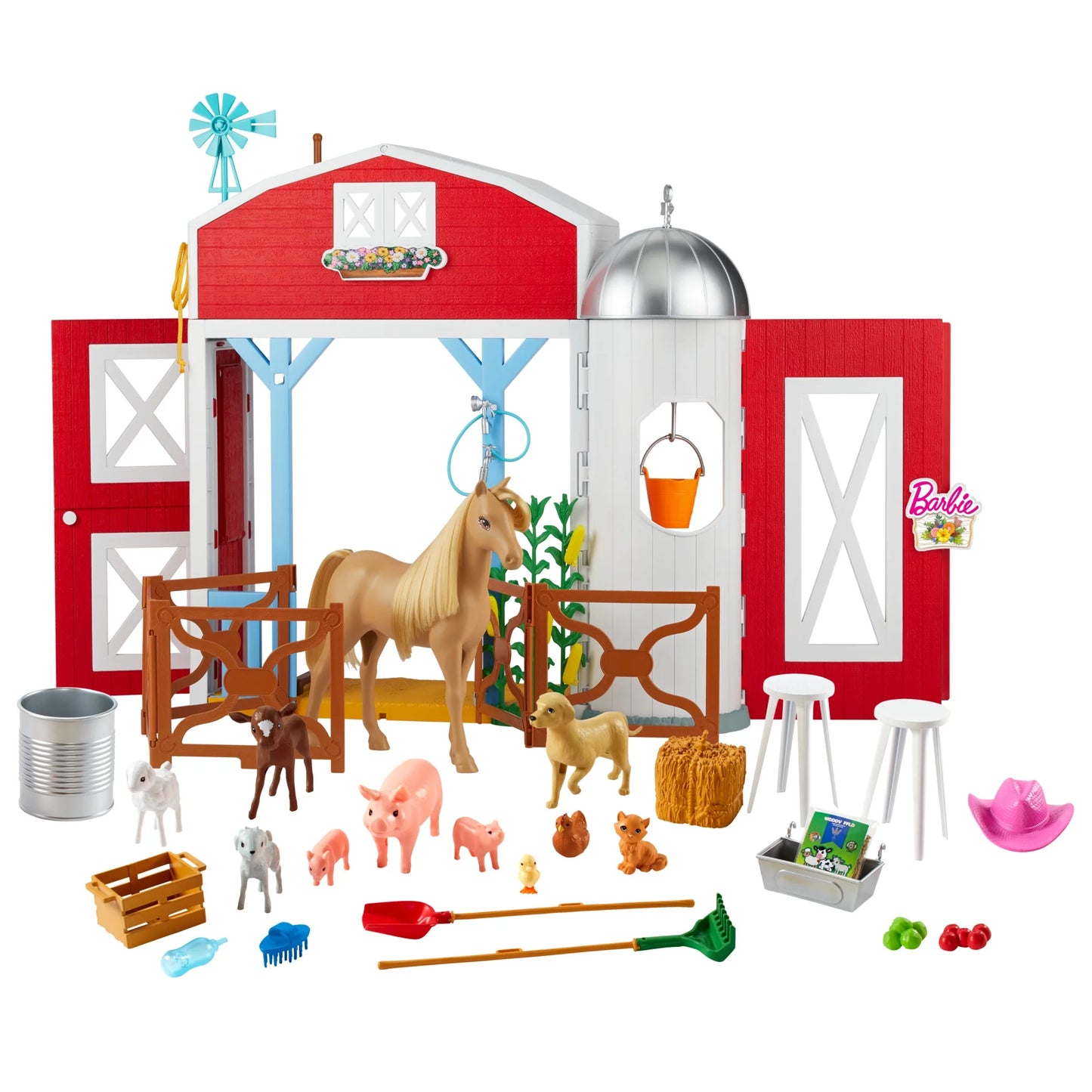 Barbie Horse Barn Playset with 25+ Feeding & Grooming Accessories Including 11 Animal Figures