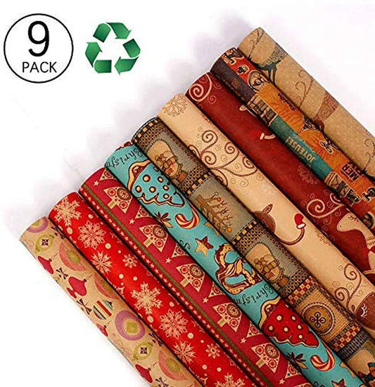 Christmas Wrapping Paper, Holiday Wrapping Paper, 9 Pack Brown Kraft Paper, Snow, Christmas Tree, Snowman, Lantern and Color Elk (9-Sheets, 30" x 20")