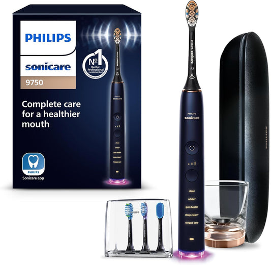 Philips Sonicare DiamondClean Smart 9750 Electric Toothbrush, Sonic Toothbrush with App, Pressure Sensor, Brush Head Detection, 5 Brushing Modes and 3 Intensity Levels, Lunar Blue, Model HX9954/74