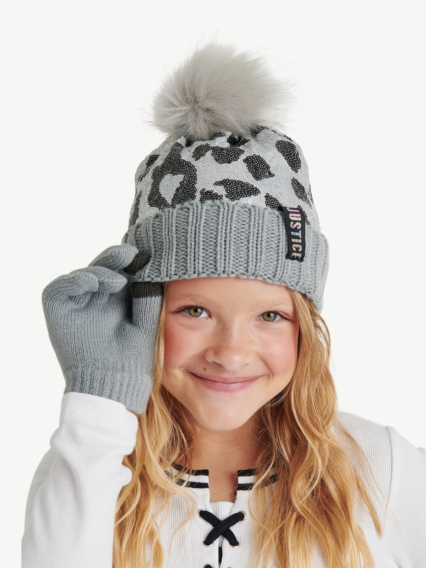 Justice Girls Cheetah Pattern Sequin Beanie Hat with Pom and Gloves, 2-Piece Set, Gray