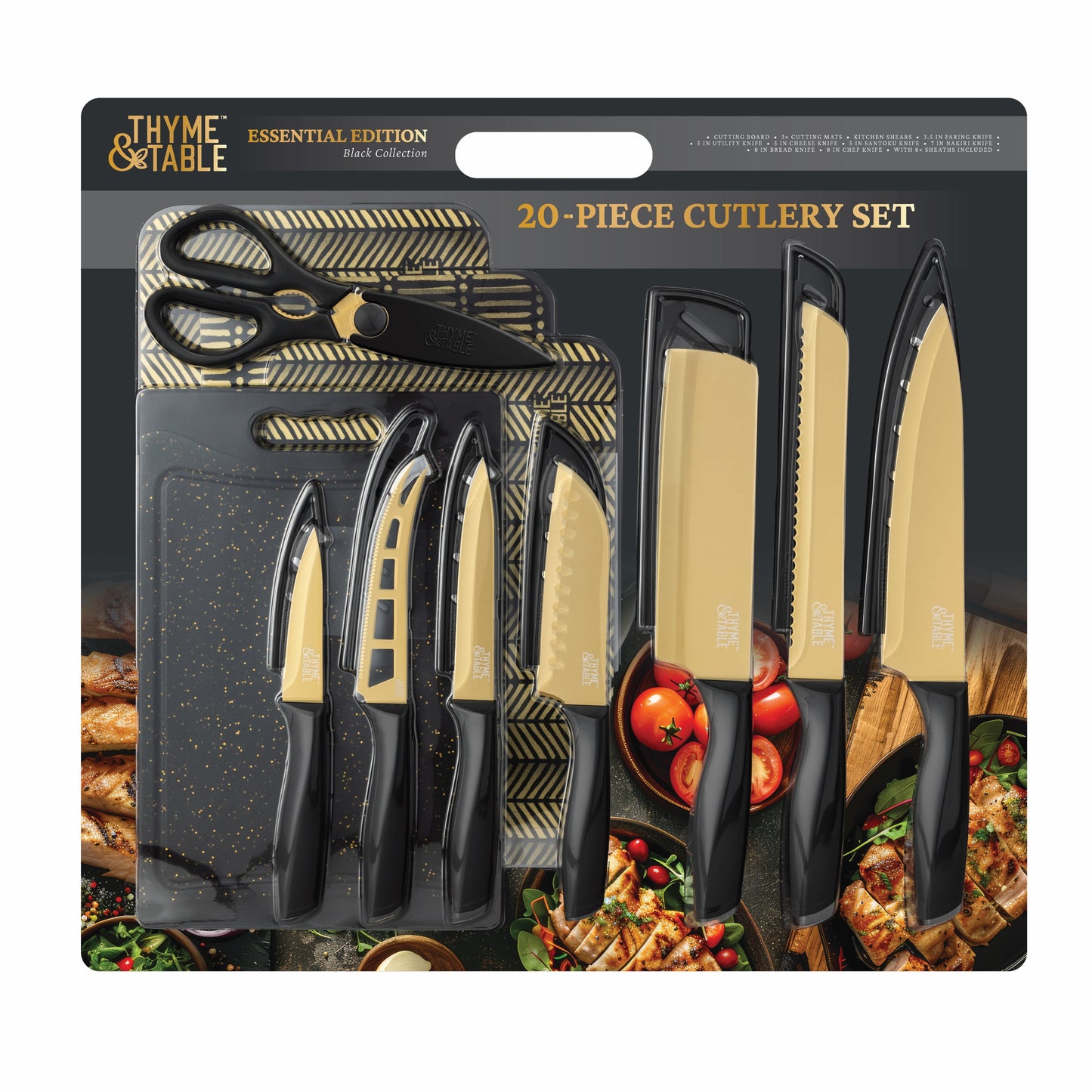 Thyme & Table 20-Piece Stainless Steel Knife and Cutting Board Set, Black