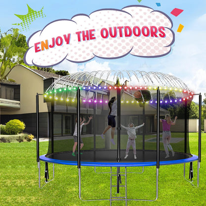 16FT Trampoline for 8-9 Kids Adults with Basketball Hoop, Enclosure, Light, Sprinkler, Socks, 2000LBS Outdoor Round Heavy Duty Recreational Backyard Trampoline