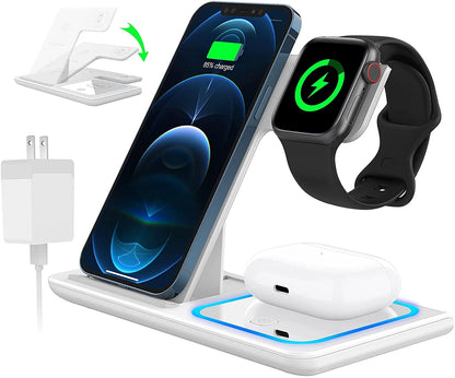 2024 Upgraded Wireless Charging Station, 18W 3 in 1 Charger Station, Fast Charging Dock Stand for iWatch Series 10/9/8/7/6/SE/5/4/3/2, Compatible with iPhone 16 15 14 13 12 11 Pro/XS/Samsung & AirPod