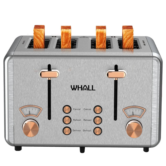 WHALL 4 Slice Toaster - Stainless Steel Bagel Toaster with Dual Control Panels, Wide Slot, 6 Shade Settings, Removable Crumb Tray