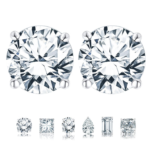 JeenMata 4 Prong 2 Carat Round Shaped Moissanite Solitaire Stud Earrings In 18K White Gold Plating Over Silver