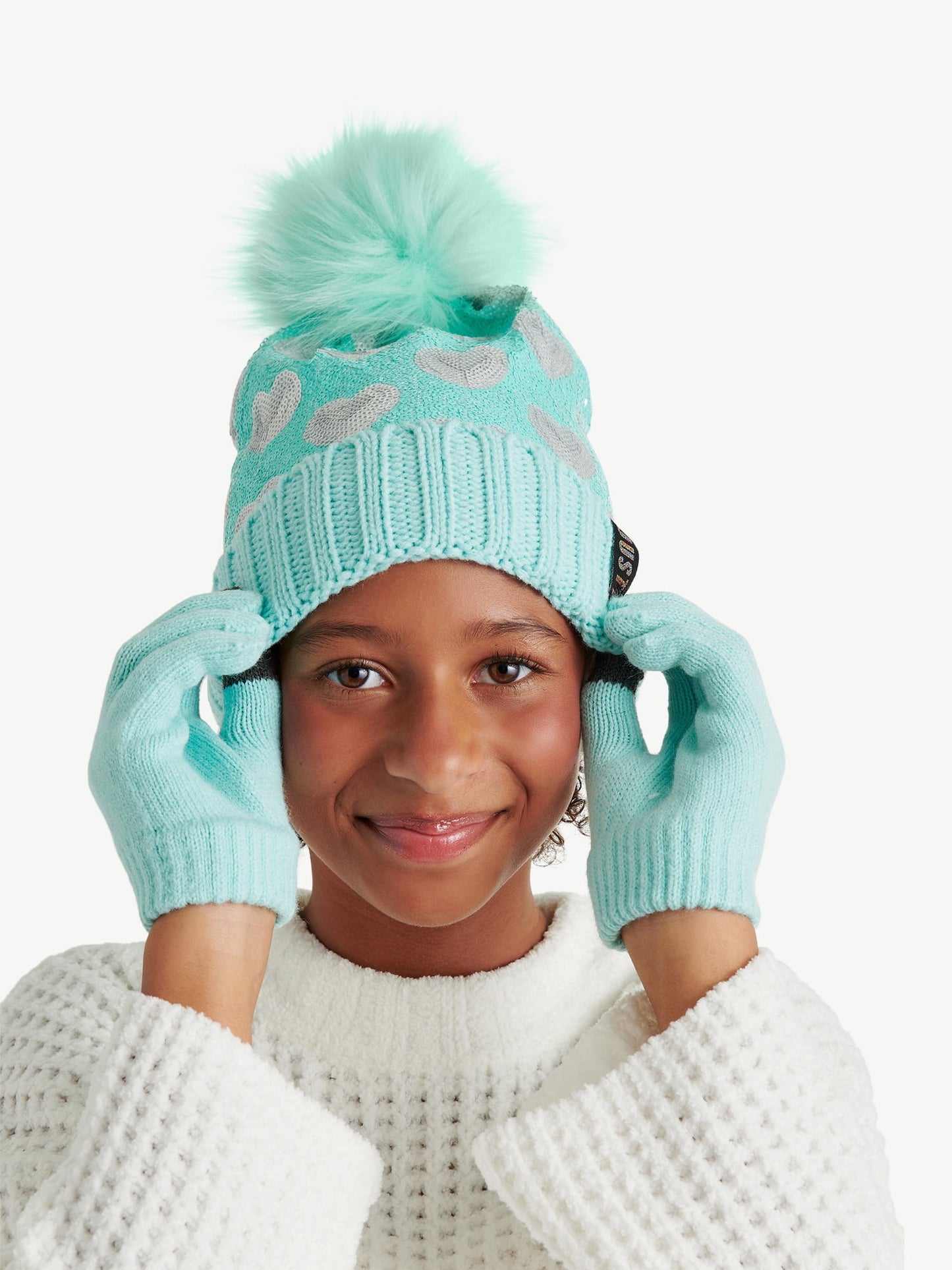 Justice Girls Heart Pattern Sequin Beanie Hat with Pom and Gloves, 2-Piece Set, Aqua/Silver