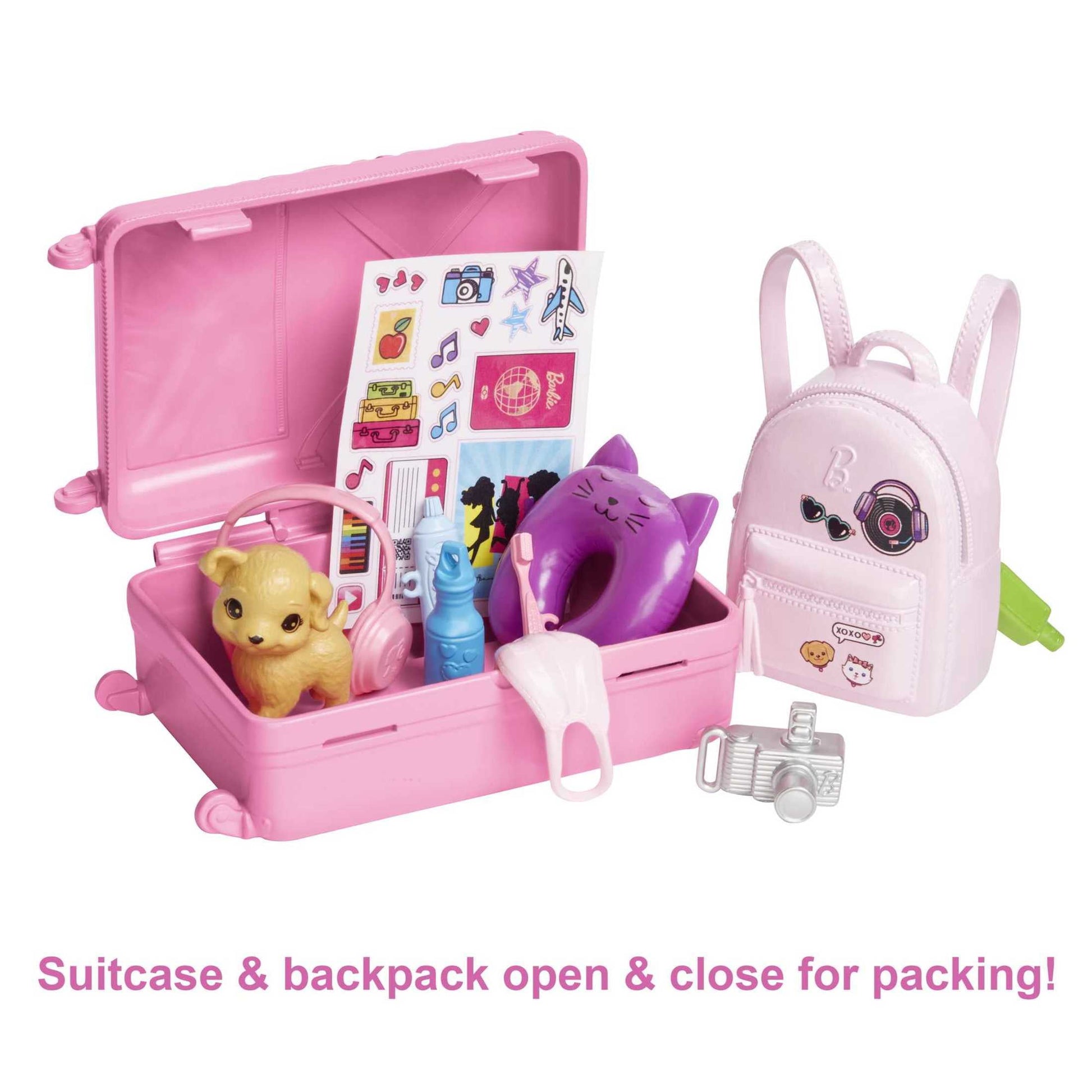 Barbie Doll and Accessories, 'Malibu' Travel Set with Puppy & Working Suitcase, 10+ Pieces