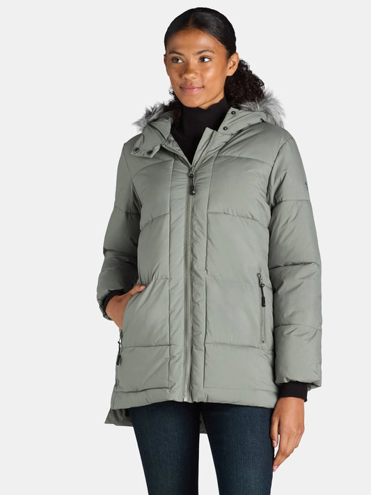 Big Chill Women's and Women's Plus Wide Quilted Puffer Coat with Faux Fur Trim Hood, Sizes S-3X