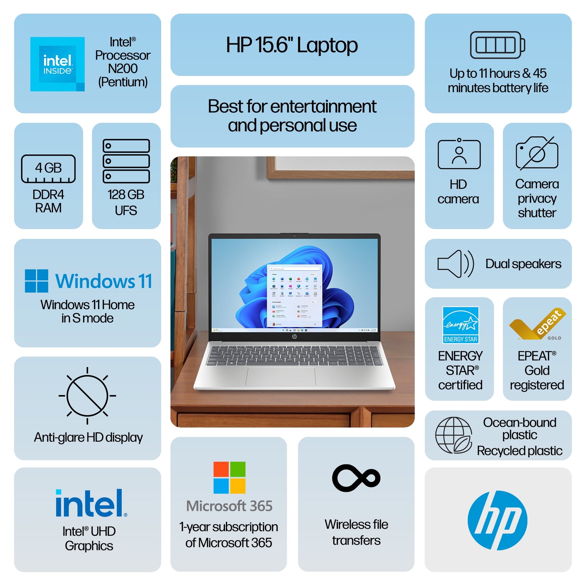 HP 15.6 inch Windows Laptop Intel Processor N200 4GB RAM 128 UFS Natural Silver (12-mo. Microsoft 365 included)