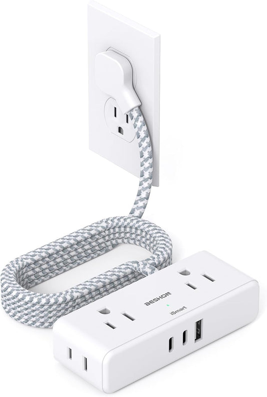 Flat Extension Cord 6 feet, Flat Plug Power Strip, 4 Widely Outlets with 3 USB Ports (2 USB C), 3 Side Outlet Extender with Extension Cord with Multiple Outlets for Home, Office, Dorm Room Essentials