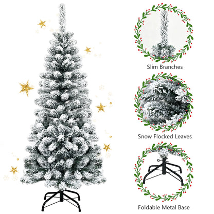 Costway 4.5Ft Unlit Hinged Snow Flocked Artificial Pencil Christmas Tree with 242 Branch