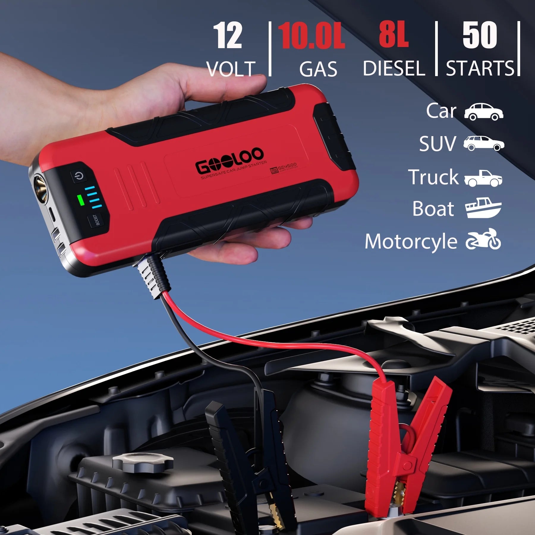 GOOLOO Car Battery Jump Starter,4500A Peak Jump Starter with USB Quick Charge (for 10L Gas or Up to 8L Diesel),GE4500 12V Jumper Pack with LED Light Powerful