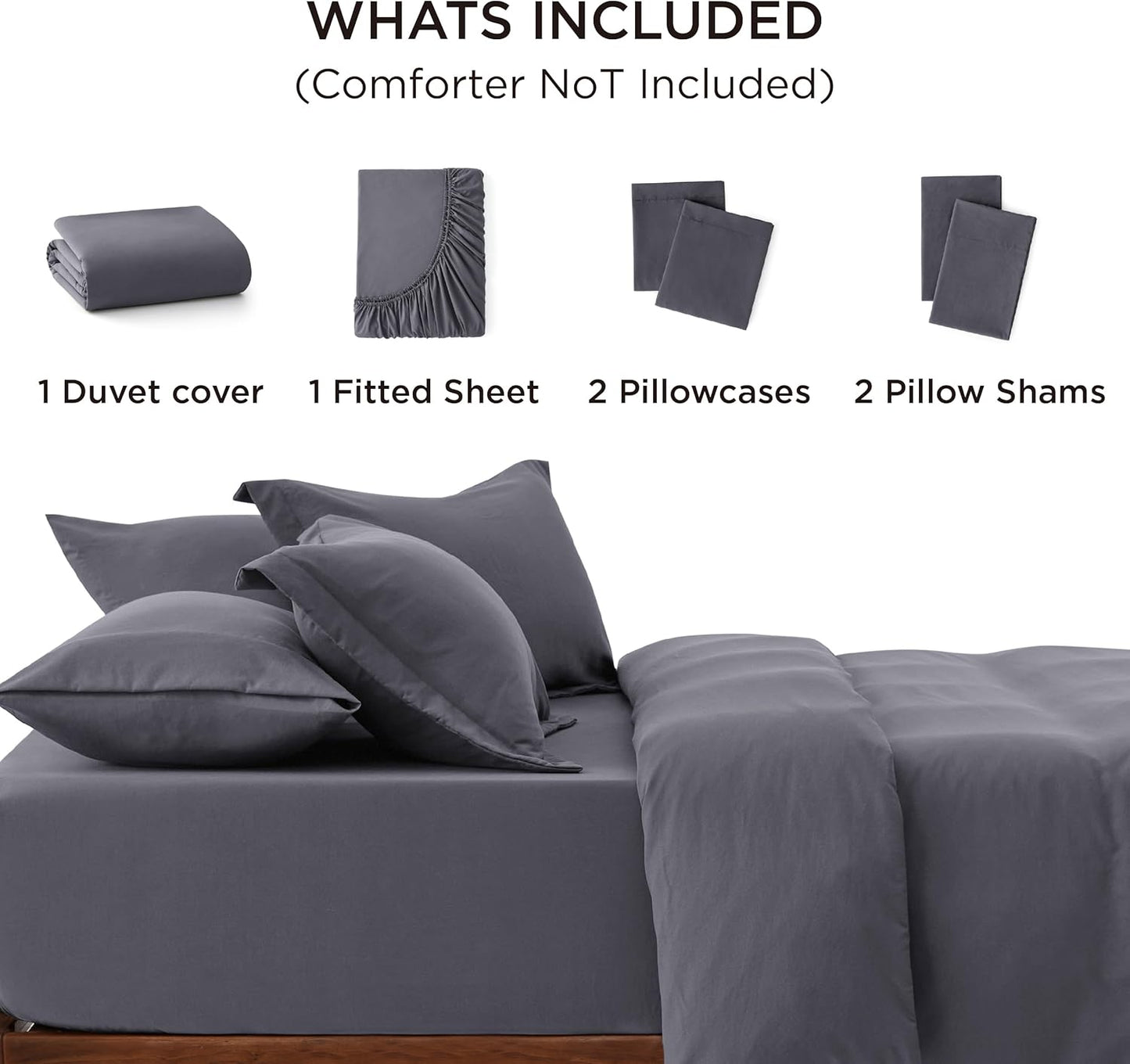 Bedsure Dark Grey Duvet Cover Queen Size - Soft Prewashed Queen Duvet Cover Set with Fitted Sheet, 6 Pieces, Includes 1 Duvet Cover 90x90 Inches, 2 Pillow Shams, 2 Pillowcases, 1 Fitted Sheet