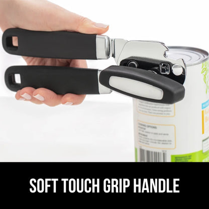 Gorilla Grip Stainless Steel Manual Can Opener, Soft Touch Handle, Large Turn Knob, Built-In Bottle Opener, Black