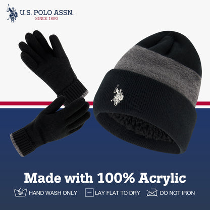 U.S. Polo Assn. Men's Knit Cuffed Wide Stripe Beanie and Glove Set