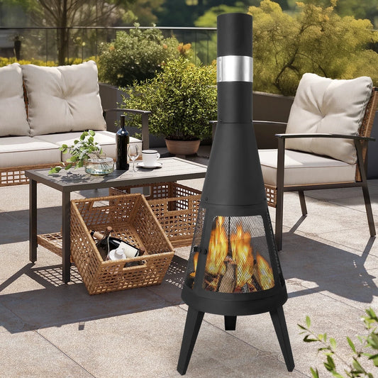 Karmas Product Chiminea Outdoor Fireplace, Wood Burning Chimenea Metal Cast Iron Fire Pit with Log Grate and Mesh Screen for Patio, Backyard, Garden, Black