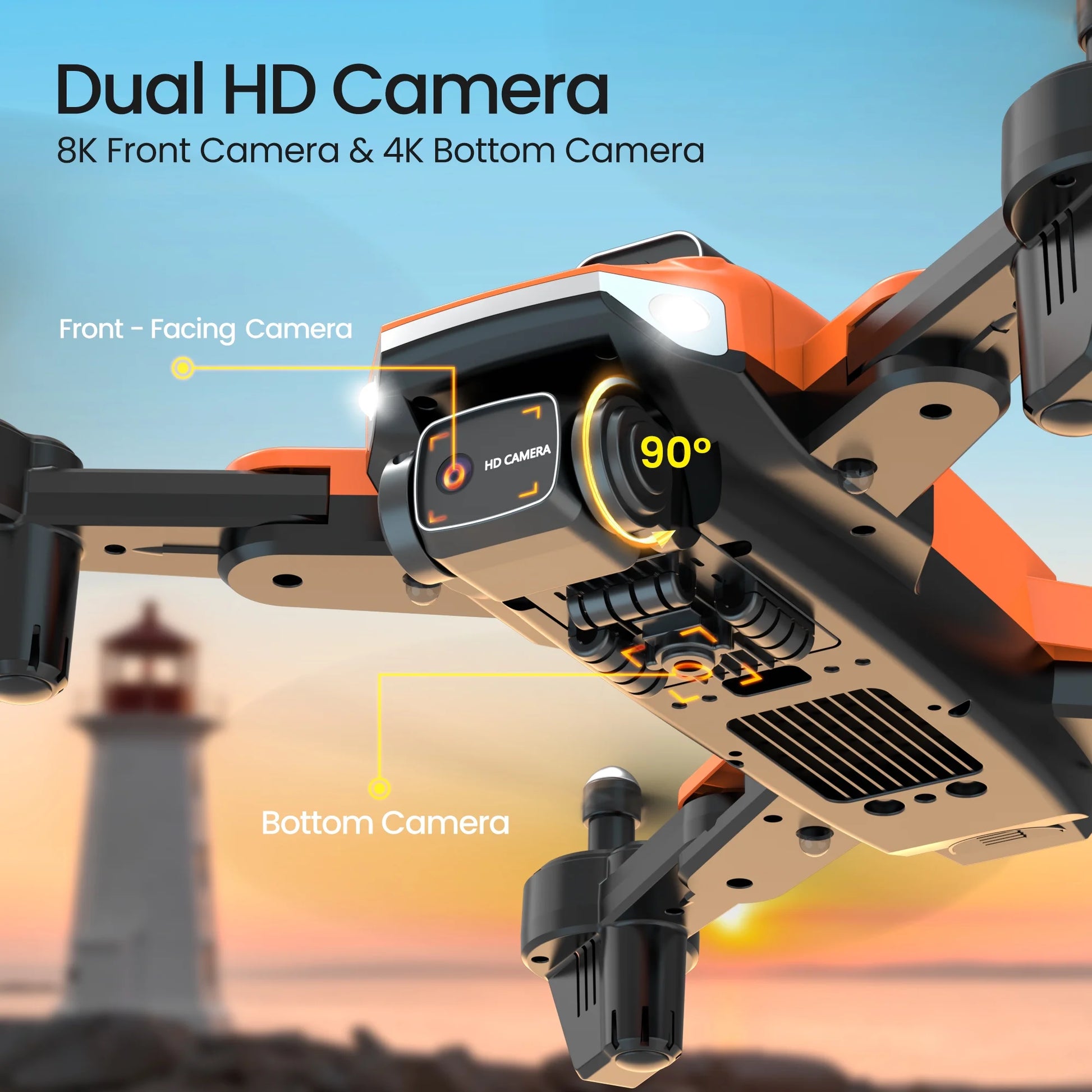 D89 Drone with Camera for Adults and Kids, FPV RC Quadcopter with 4K HD Dual Camera and Obstacle Avoidance, 3 Batteries, Orange