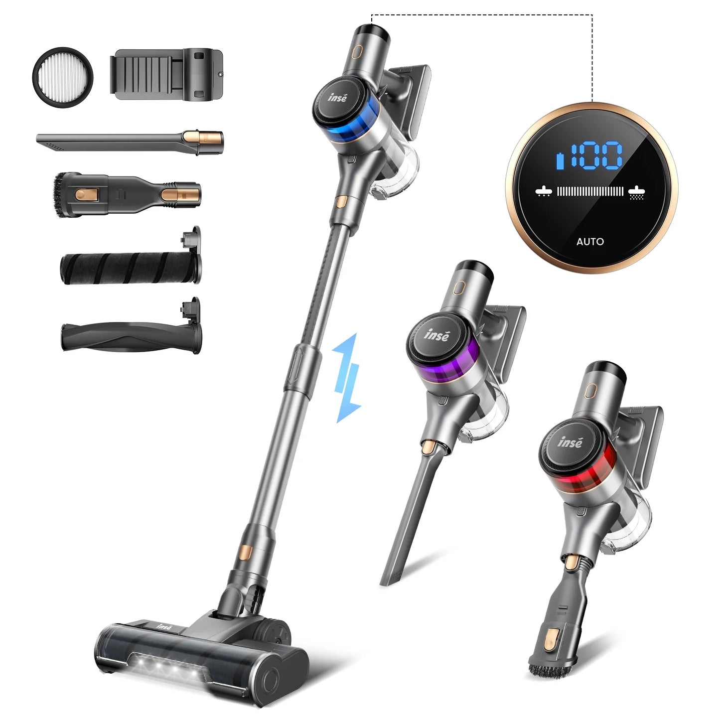 INSE Cordless Vacuum Cleaner, 55min Max Runtime, 400W/30Kpa Rechargeable Stick Vacuum with LED Display, 4 Suction Modes with Smart Adjustment Handheld Vacuum Cordless for Carpet Floor Pet Hair